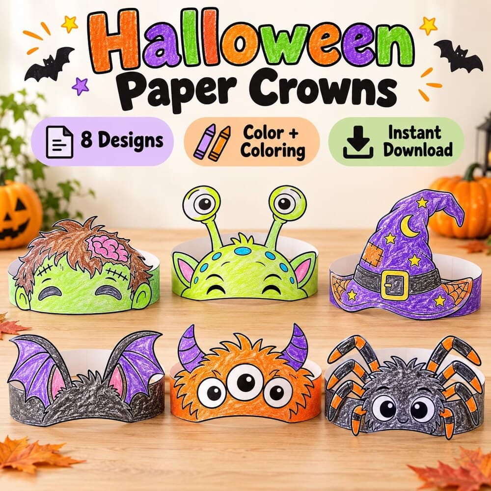 Coronas de papel de Halloween imprimibles para recortar y colorear