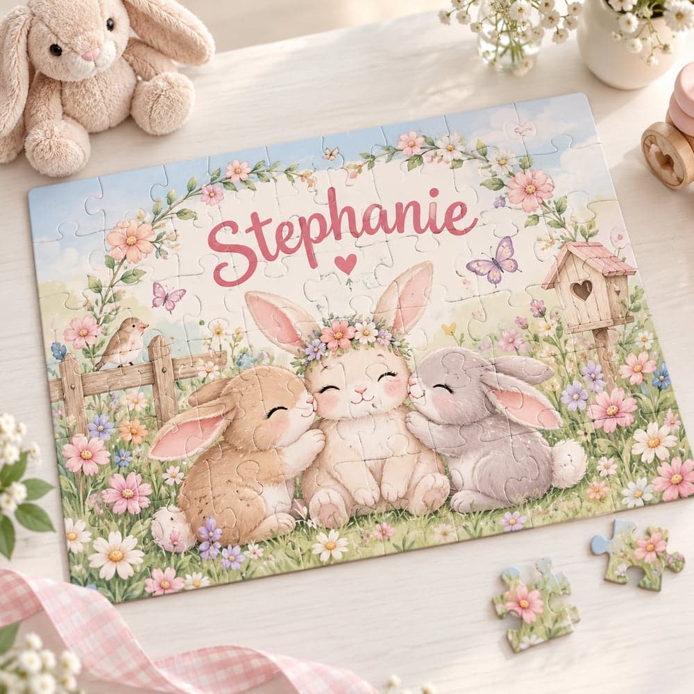 Puzzle infantil personalizado con el nombre del niño y tres conejitos entre flores