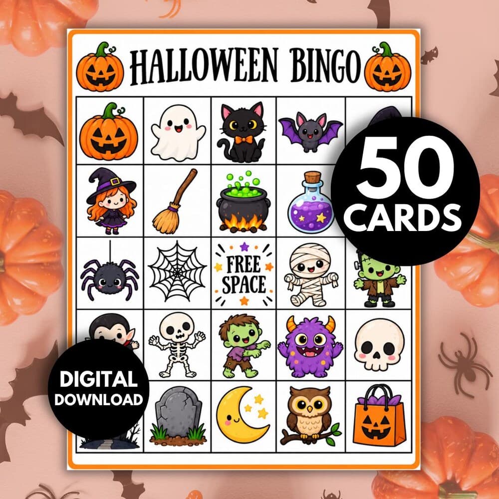 Bingo de Halloween imprimible con cartones ilustrados para niños