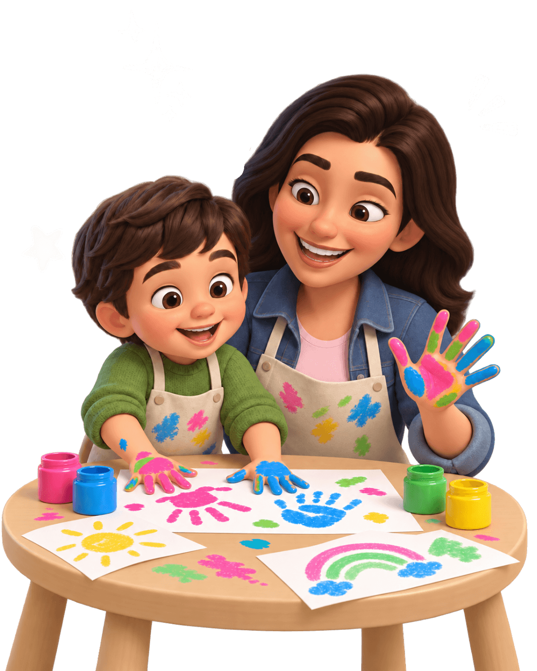 Una mamá y su hijo pequeño pintando juntos con las manos, entre botes de pintura y dibujos