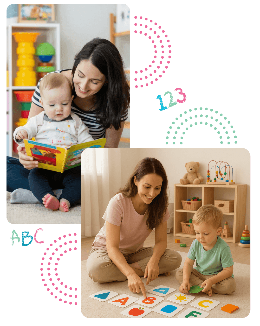 Mamás jugando con sus hijos pequeños con tarjetas de letras y un libro