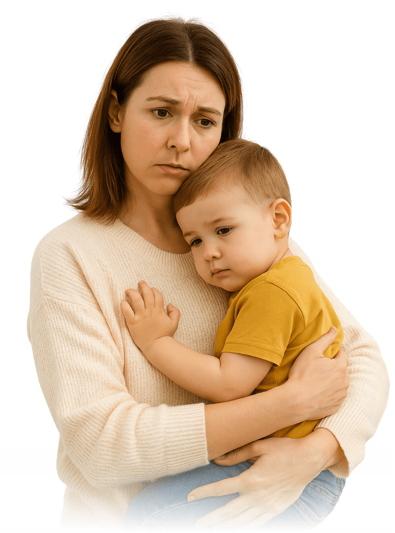 Una mamá preocupada abraza a su hijo pequeño
